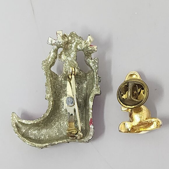 Vintage Christmas Brooch Pin Snowman & Boot Holiday Jewelry Red Green‎ Gold Tone - Picture 6 of 6